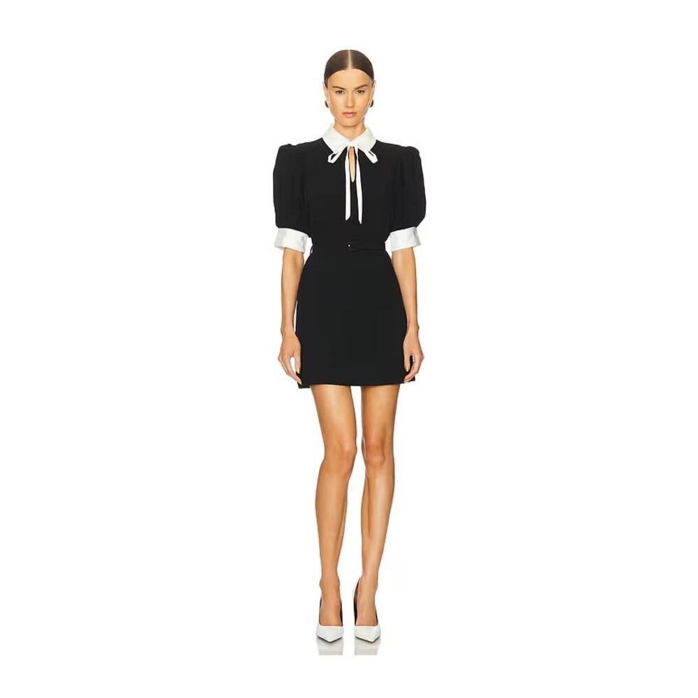 Cinq à Sept Dress Sabelle Tie Neck Mini Collar Black White Size 6 Dark Academia